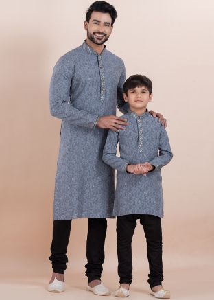 Grey Floral Print  Father & Son Kurta Pajama