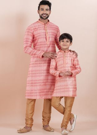 Pink Father & Son Kurta Pajama In Cotton