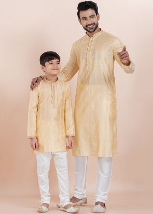 Cream Zari Woven Father & Son Kurta Pajama