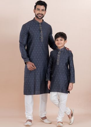 Blue Father & Son Kurta Pajama In Cotton