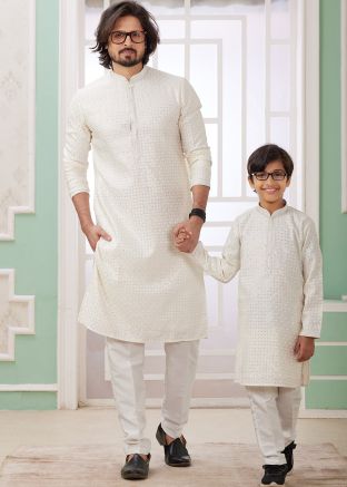 Readymade Cream Embellished Father & Son Kurta Pajama