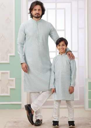 Readymade Blue Embroidered Father & Son Kurta Pajama