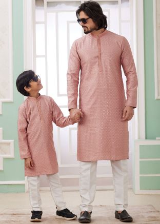 Readymade Peach Embroidered Father & Son Kurta Pajama