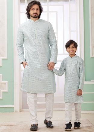Grey Father & Son Readymade Embroidered Kurta Pajama Set