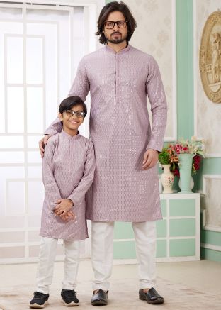 Lavender Readymade Father & Son Embroidered Kurta Pajama Set