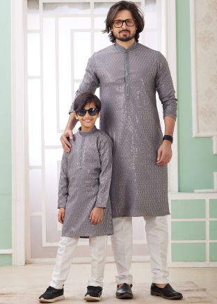 Grey Readymade Father & Son Embroidered Kurta Pajama Set