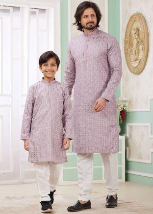 Lavender Readymade Father & Son Embroidered Kurta Pajama Set