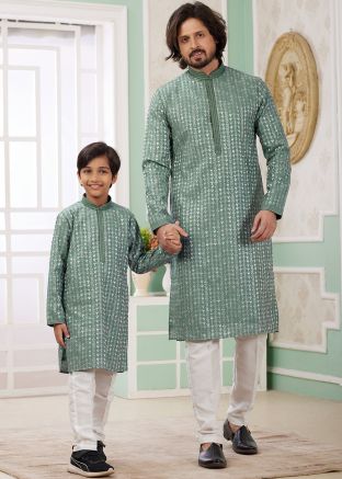 Green Readymade Father & Son Embroidered Kurta Pajama Set