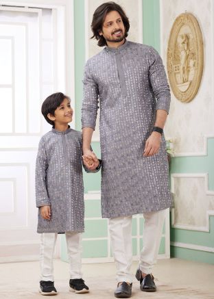Grey Embroidered Father & Son Readymade Kurta Pajama