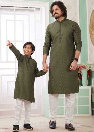 Army Green Embroidered Father & Son Readymade Kurta Pajama
