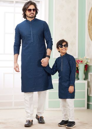 Navy Blue Embroidered Father & Son Readymade Kurta Pajama