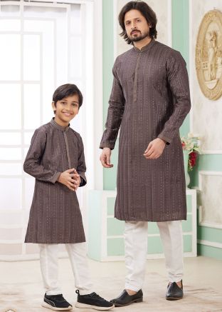Brown  Embroidered Father & Son Readymade Kurta Pajama