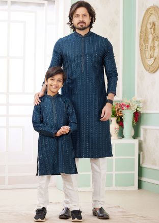 Teal Green Embellished Father & Son Readymade Kurta Pajama