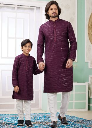 Purple Embellished Father & Son Readymade Kurta Pajama
