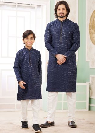 Navy Blue Embellished Father & Son Readymade Kurta Pajama Set
