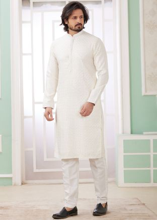 Readymade Cream Embellished Men Kurta Pajama