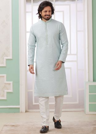 Readymade Blue Embroidered Men Kurta Pajama