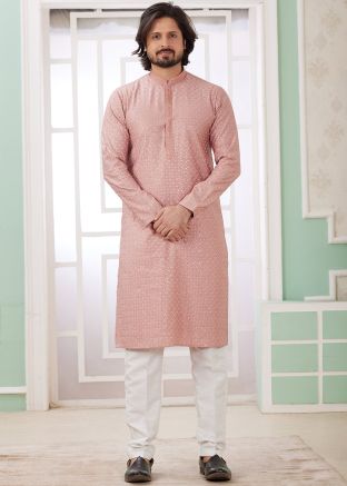 Readymade Peach Embroidered Men Kurta Pajama