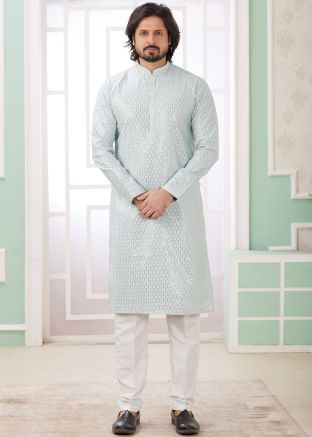 Grey Men Readymade Embroidered Kurta Pajama Set