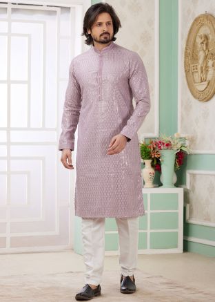 Lavender Readymade Men Embroidered Kurta Pajama Set