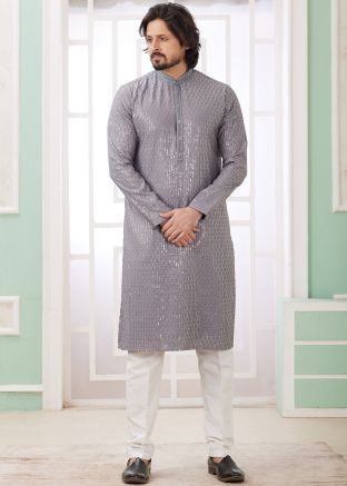 Grey Readymade Men Embroidered Kurta Pajama Set