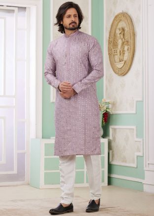 Lavender Readymade Men Embroidered Kurta Pajama Set