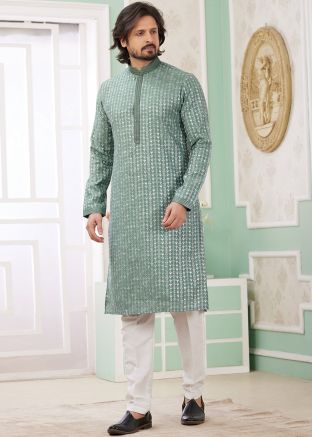 Green Readymade Men Embroidered Kurta Pajama Set