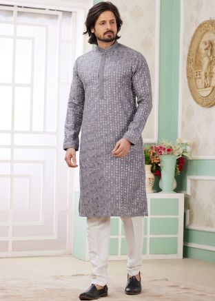 Grey Embroidered Men Readymade Kurta Pajama
