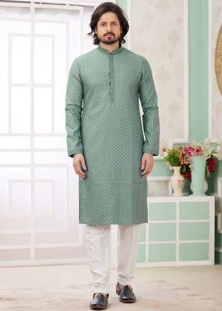 Sage Green Embroidered Men Readymade Kurta Pajama