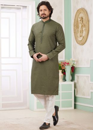 Army Green Embroidered Men Readymade Kurta Pajama