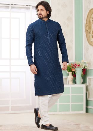 Navy Blue Embroidered Men Readymade Kurta Pajama