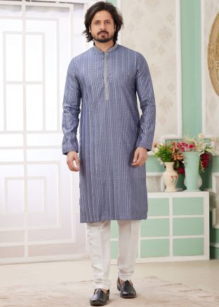 Powder Blue Embroidered Men Readymade Kurta Pajama