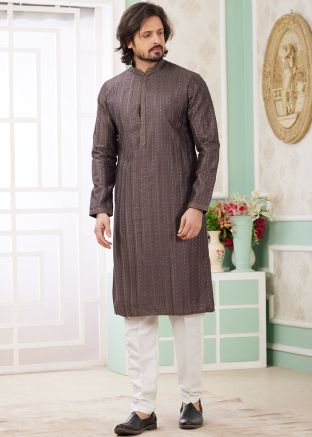 Brown  Embroidered Men Readymade Kurta Pajama