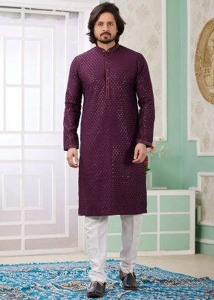 Purple Embellished Men Readymade Kurta Pajama