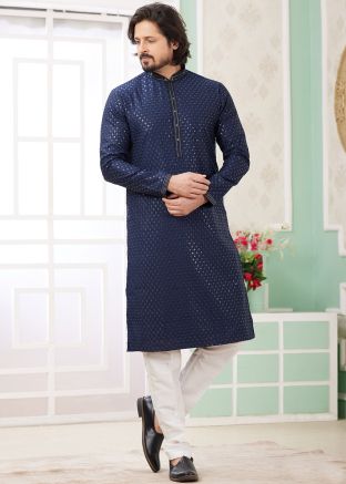 Navy Blue Embellished Men Readymade Kurta Pajama Set