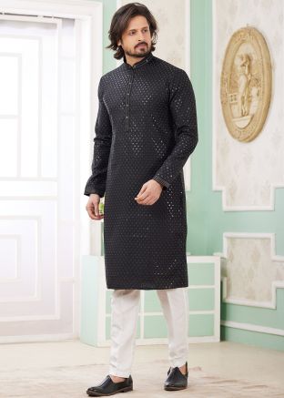 Black Embellished Men Readymade Kurta Pajama Set