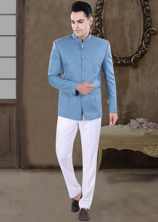 Blue Men Readymade Bandhgala Jodhpuri Suit