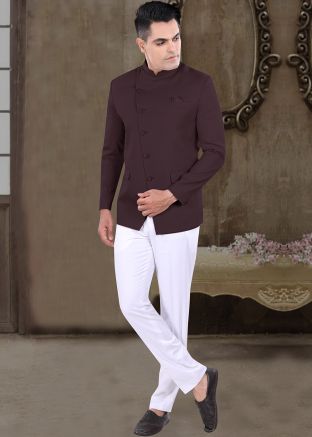 Wine Readymade Men Bandhgala Jodhpuri Suit