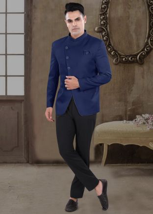 Blue Men Bandhgala Jodhpuri Suit In Viscose
