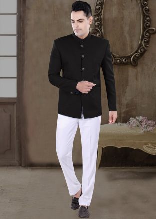 Black Men Bandhgala Jodhpuri Suit In Viscose