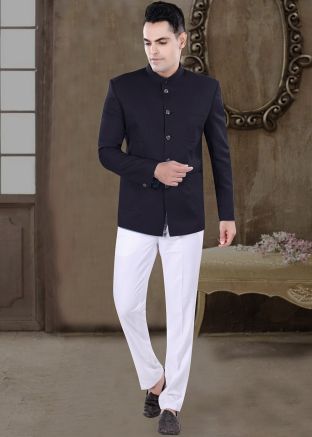 Blue Readymade Bandhgala Jodhpuri In Viscose