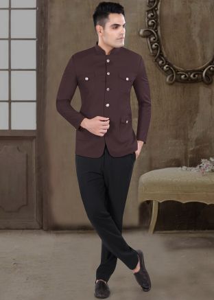 Wine Readymade Men Bandhgala Jodhpuri Suit