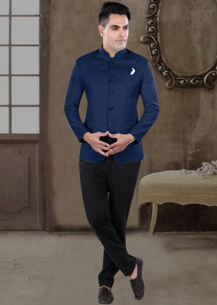 Blue Men Bandhgala Jodhpuri Suit In Viscose