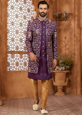 Purple Embroidered Jacket Style Indo Western Sherwani
