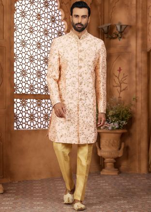 Peach Embroidered Indo Western Sherwani For Men