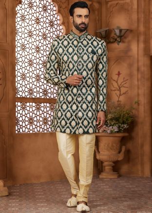 Green Embroidered Indo Western Sherwani Set For Men