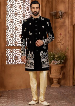 Men Black Embroidered Indo Western Sherwani Set