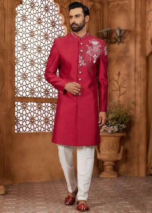 Red Handwork Embroidered Indo Western Sherwani Set