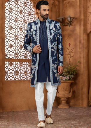 Blue Embroidered Jacket StyleIndo Western Sherwani