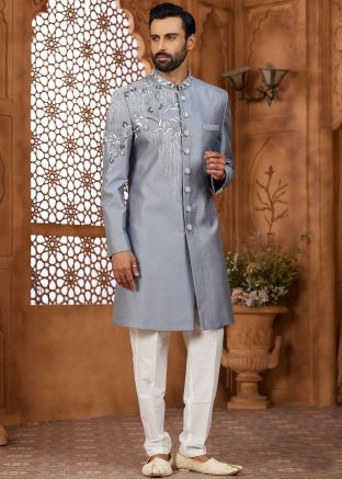Grey Embroidered Indo Western Sherwani Set For Men